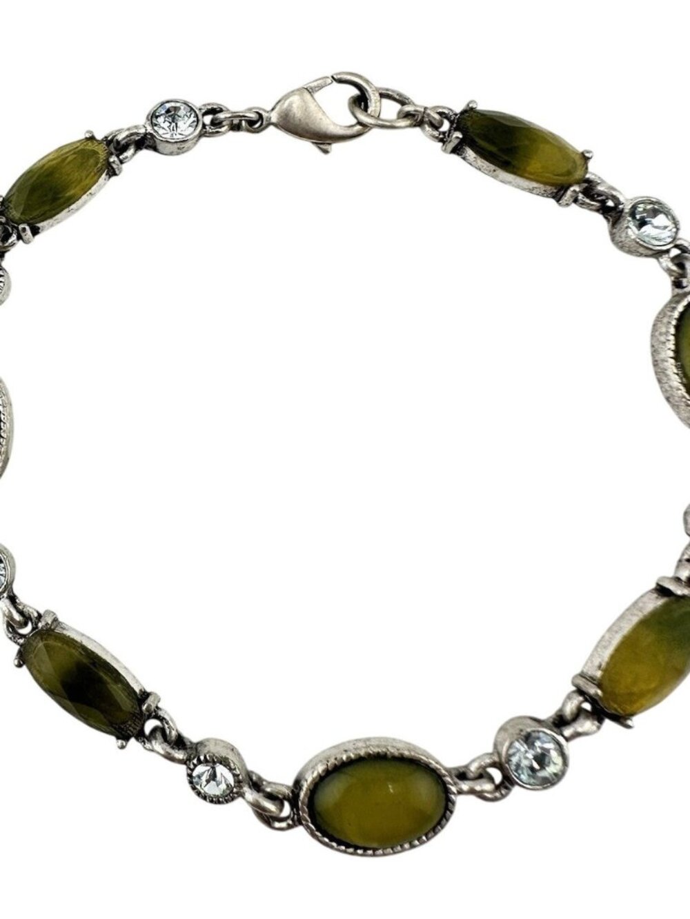 1928 Vintage Style Green Faux Gems Rhinestone Accent Silver Tone 7” Bracelet